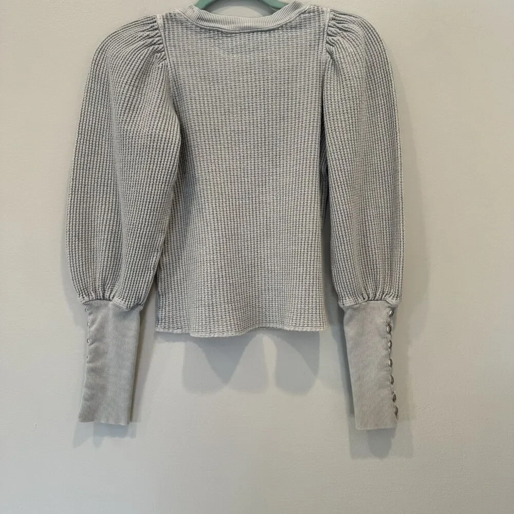 Free People Wesley Thermal Waffle Knit Top Puff Sleeves Blue Boho Women Small